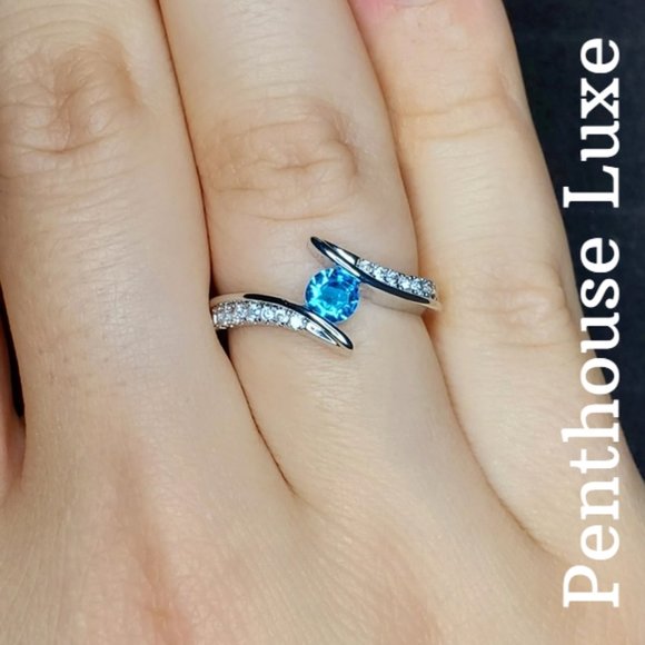 Aquamarine White Sapphire Silver Bypass Swirl Ring - Picture 3 of 5